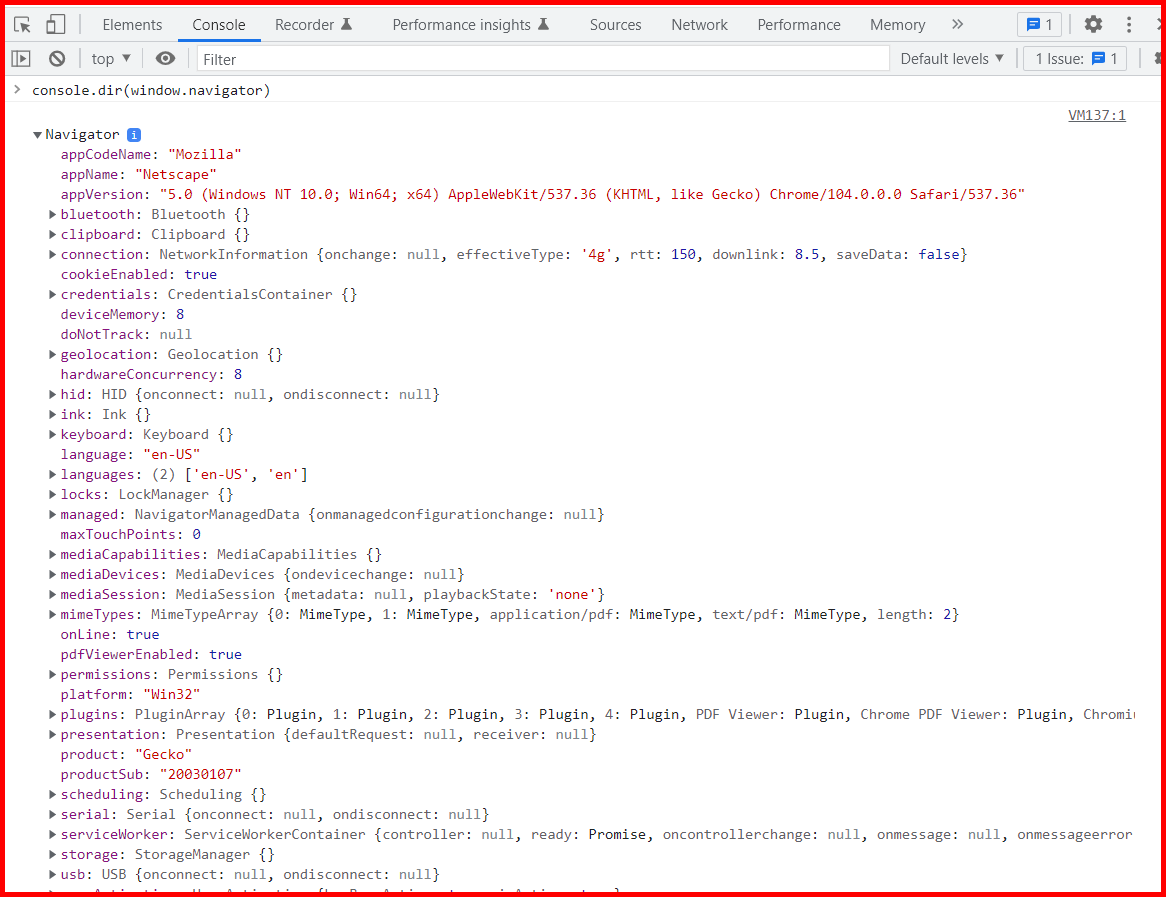 Picture shows the list of properties of an object using console.dir method in javascript